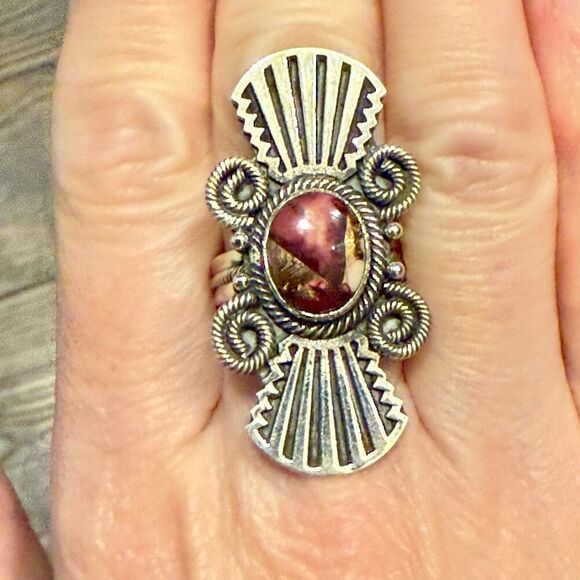 Unique Red Rose Dahlia Turquoise Ring Southwestern Fan Framed Sterling Silver 7 - Picture 6 of 7